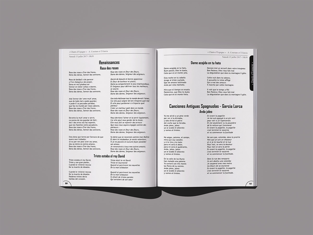 Double page du programme Musiques des Lumières 2017, présentant des textes chantés et leurs traductions françaises en colonnes parallèles.
