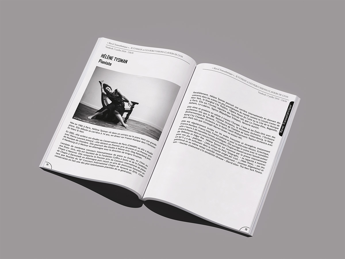 Double page du programme Musiques des Lumières 2018 présentant un portrait en noir et blanc d’Hélène Tysman et sa biographie.