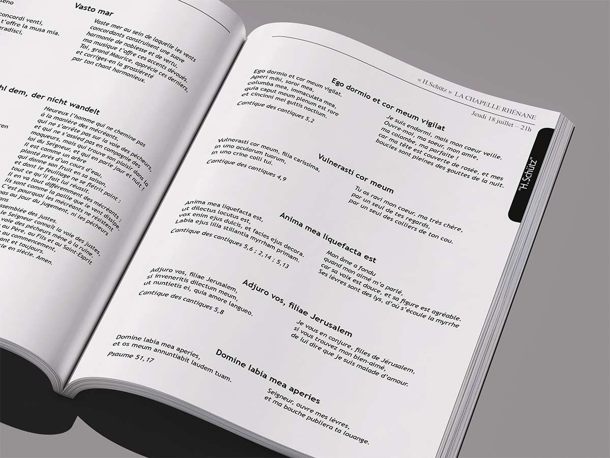 Programme Musiques des Lumières 2019 ouvert sur des textes chantés en italien, allemand et latin, avec leurs traductions françaises en regard.