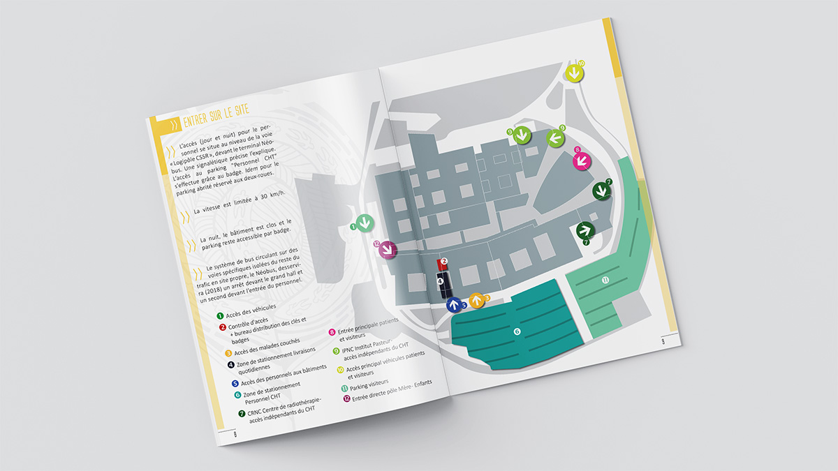 Guide d’accueil du Médipôle de Koutio ouvert sur le plan des accès, entrées et stationnements