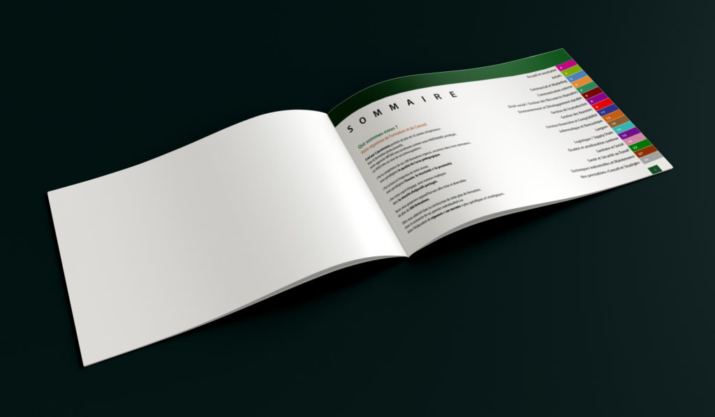 Sommaire du catalogue CFD Formation avec un code couleur pour les dix-sept domaines.