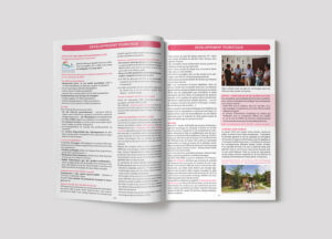 Double page du bulletin municipal de Sorèze 2015 consacrée au développement touristique, avec textes en colonnes, titres roses et photographies.
