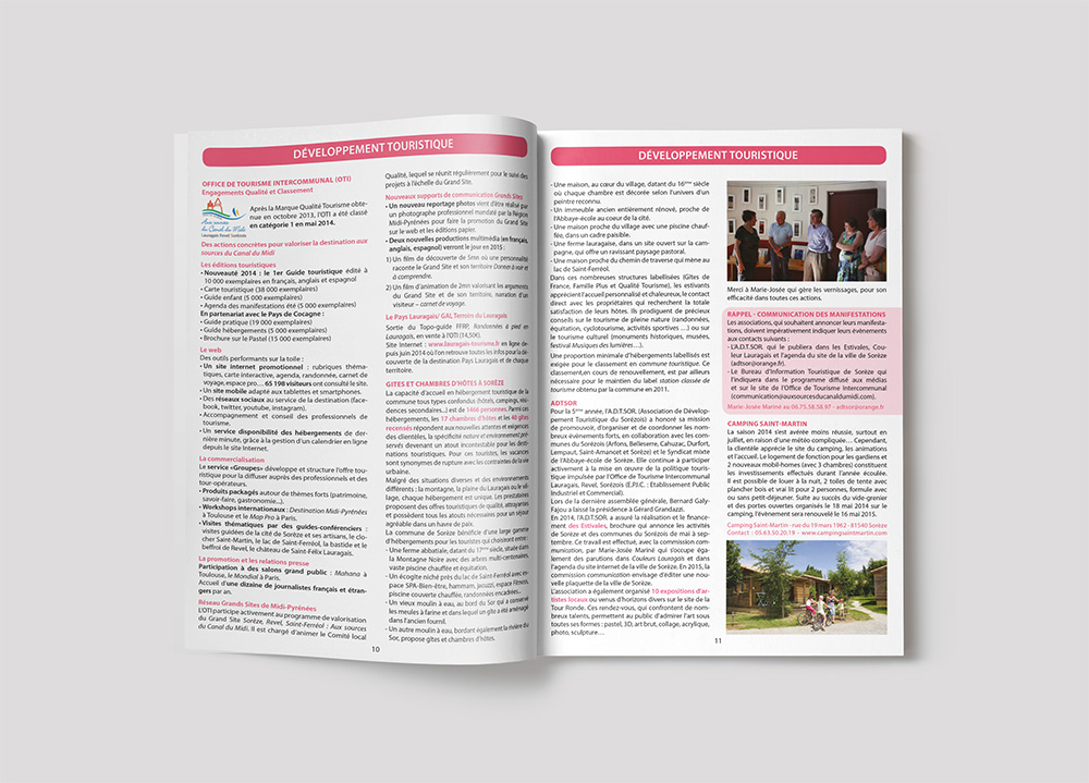 Double page du bulletin municipal de Sorèze 2015 consacrée au développement touristique, avec textes en colonnes, titres roses et photographies.