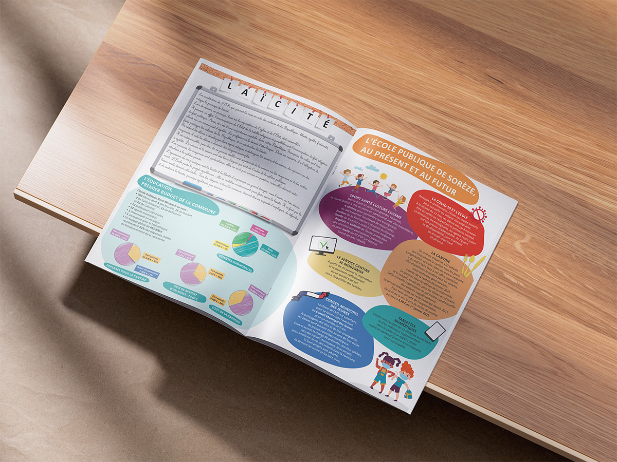 Double page illustrée du bulletin de Sorèze 2021 sur l’école publique, avec graphiques budgétaires, encadrés colorés et texte sur la laïcité.