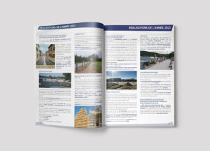 Double page du bulletin municipal de Sorèze 2022 présentant les réalisations de 2021, avec textes en colonnes, photographies et bandeaux bleus.