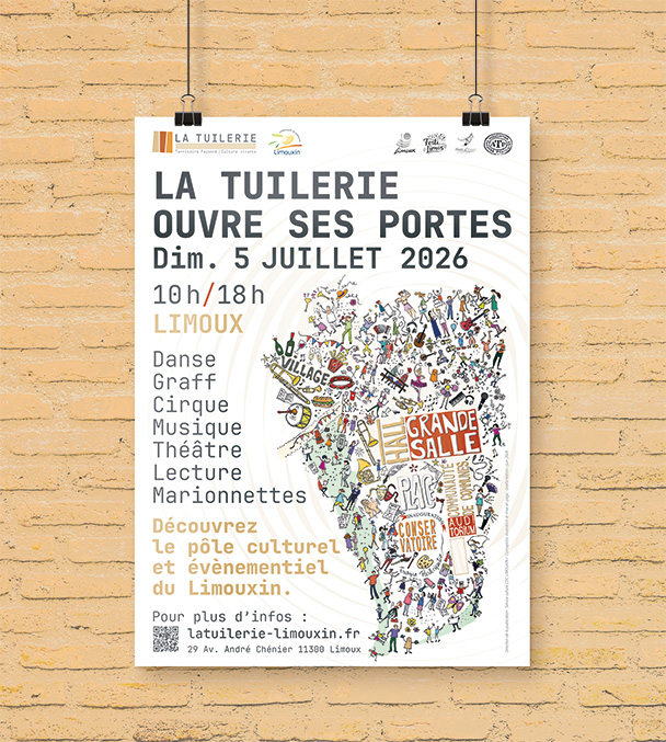 Affiche A0 imprimée pour "La Tuilerie ouvre ses portes", à l'occasion de la journée portes ouvertes du Pôle culturel du Limouxin, le 5 juillet 2026.