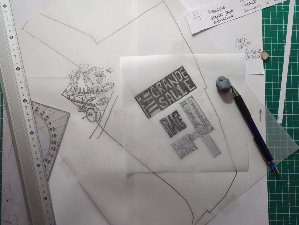 Dessin préparatoire au crayon de l’affiche des portes ouvertes de La Tuilerie.