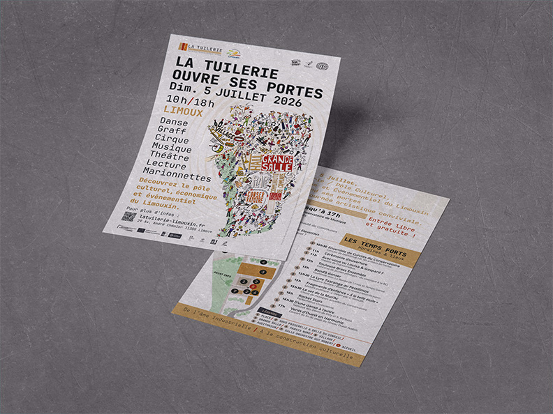 Flyer recto et verso A5 pour la journée portes ouvertes de La Tuilerie du Limouxin.