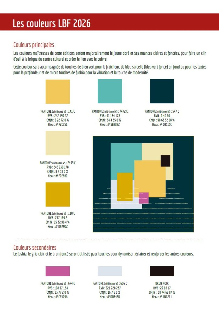 Palette de couleurs jaune doré, turquoise et bleu-vert de l’identité graphique du Limoux Brass Festival 2026