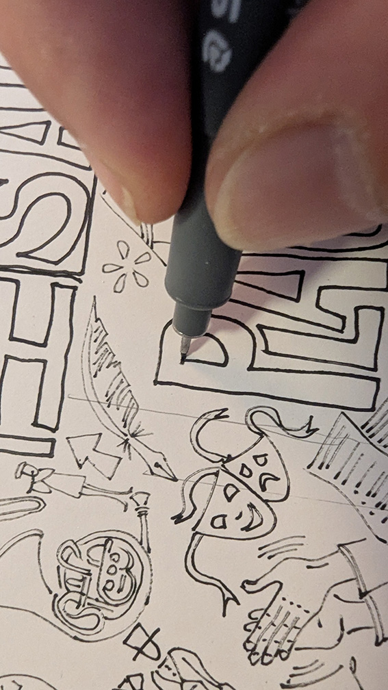 Reprise au feutre fin du dessin préparatoire de l’affiche de La Tuilerie.