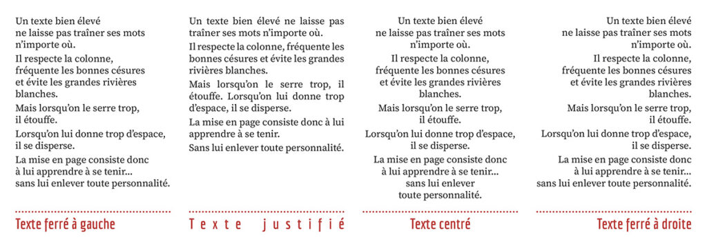 Comparaison d’un même texte ferré à gauche, justifié, centré et ferré à droite.