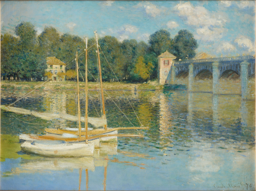 Claude Monet — Le Pont d’Argenteuil, 1874 Deux voiliers amarrés sur la Seine devant le pont d’Argenteuil, peints par Claude Monet
