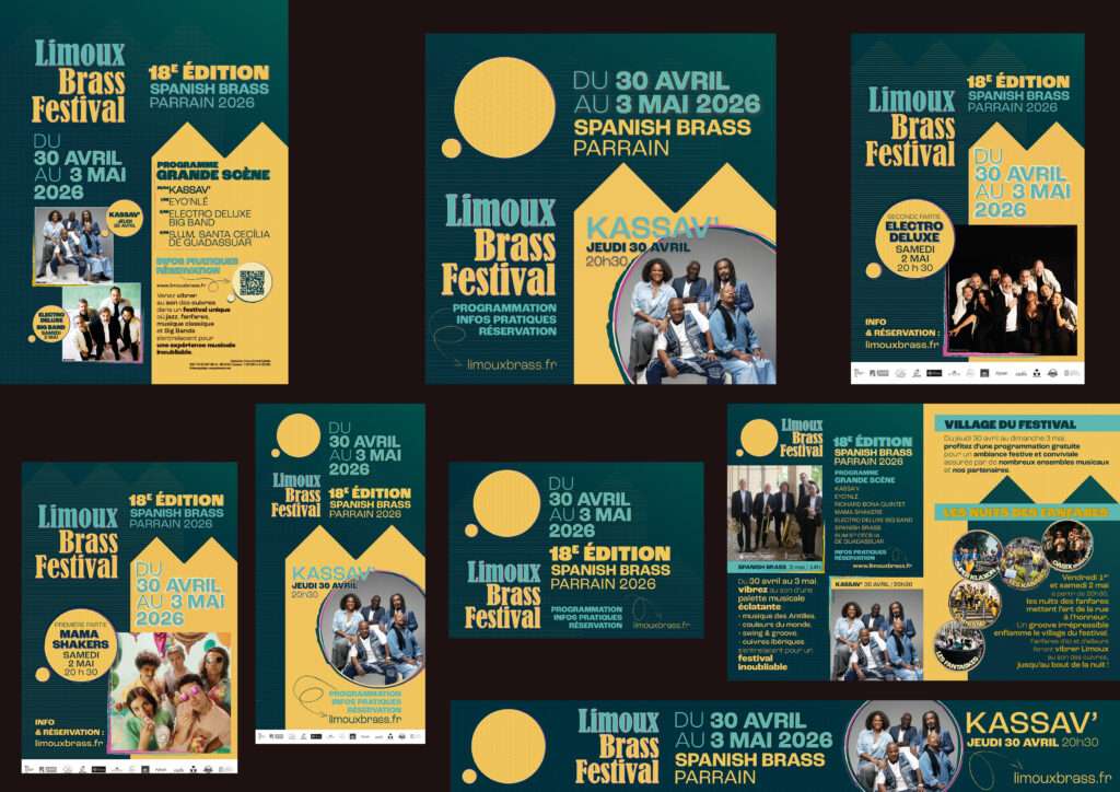 Montage des déclinaisons presse et numériques réalisées pour le Limoux Brass Festival 2026