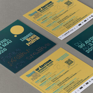 Montage présentant le recto bleu-vert et le verso jaune du flyer carré du Limoux Brass Festival 2026