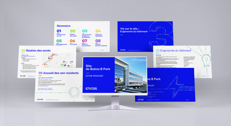Montage présentant la couverture et plusieurs pages du livret d’accueil numérique Enedis Balma B Park