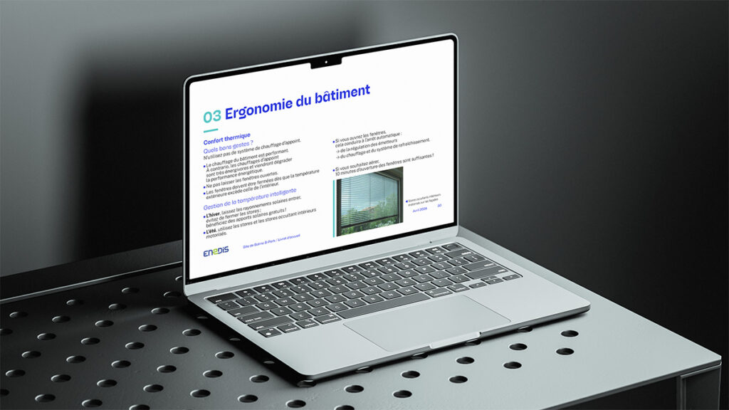 Page du livret d’accueil numérique Enedis Balma expliquant le chauffage, les stores et la ventilation naturelle