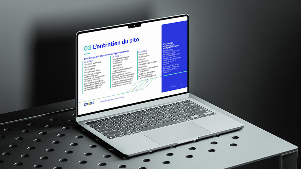 Page du livret d’accueil numérique Enedis Balma présentant l’organisation de l’entretien du site par zones