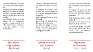 Comparaison d’un texte justifié avec des sauts de ligne, des changements de paragraphe et des espacements entre les paragraphes.