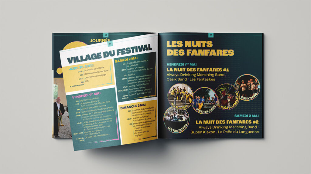 Programme du Limoux Brass Festival 2026 Double page du livret-programme du Limoux Brass Festival 2026 consacrée au village et aux nuits des fanfares