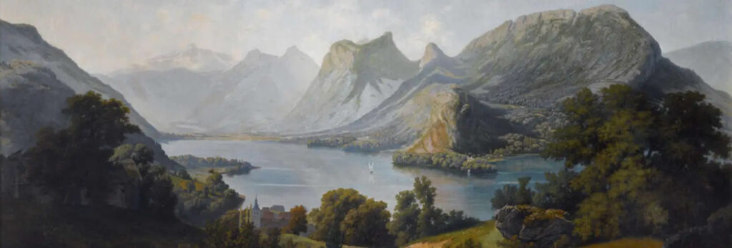 Paul Cabaud — Le Lac d’Annecy vu des hauteurs de Talloires Peinture panoramique de Paul Cabaud représentant le lac d’Annecy depuis les hauteurs de Talloires. Crédits photo : Pedro Studio