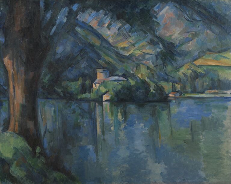 Paul Cézanne — Lac d’Annecy (Lake Annecy), 1896 Le lac d’Annecy peint par Paul Cézanne, avec l’eau et les montagnes composées en masses de bleus et de verts
