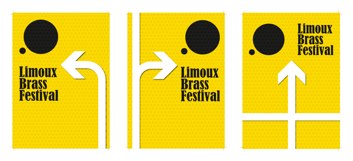 Trois panneaux jaunes du Limoux Brass Festival indiquant les directions à gauche, à droite et tout droit