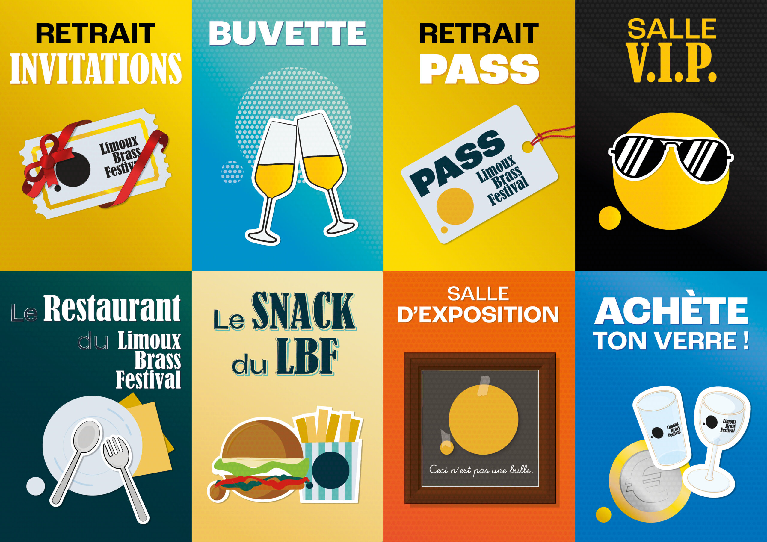Montage de huit panneaux signalétiques pour les espaces et services du Limoux Brass Festival