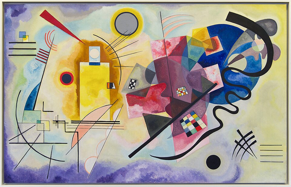 Vassily Kandinsky — Jaune-rouge-bleu, 1925 Composition abstraite de Vassily Kandinsky associant des aplats jaunes, rouges et bleus à des lignes et des formes géométriques.
